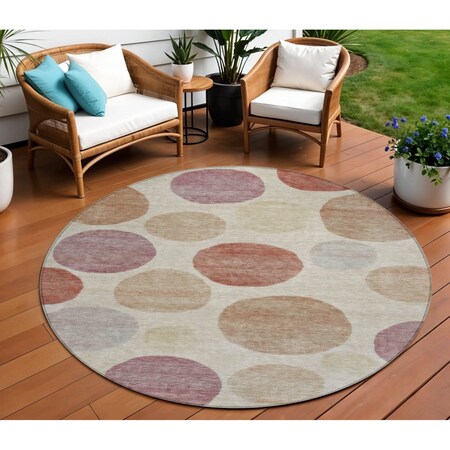 Homeroots 8' Salmon Ivory And Mauve Round Geometric Washable Indoor Outdoor Area Rug 630587