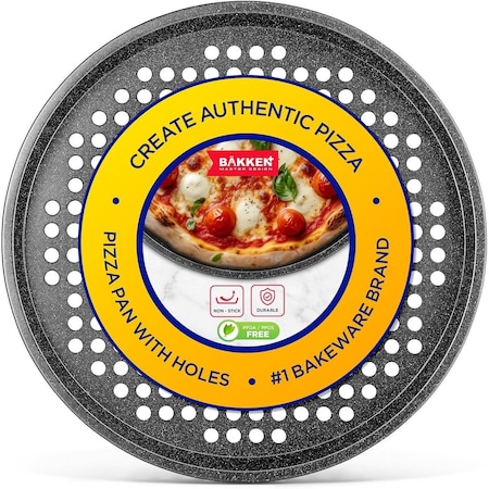 Bakken- Swiss BAKKEN Pizza Pan, Round Perforated, Nonstick Marble Coating, Dishwasher Safe, Gray BAKPIZ11GRM