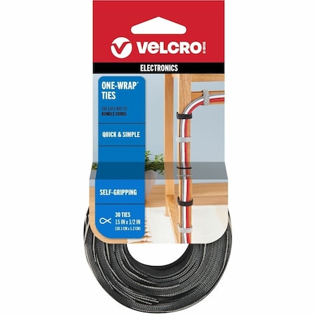 Velcro Brand Cable Tie Strap, 15 in L, Black, Gray, Nylon, 25 lb Strength, 30 PK 94257