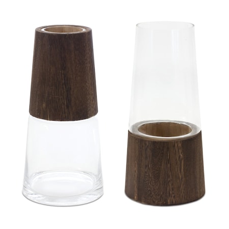 Homeroots Set of Two Brown And Clear Glass Tapered Table Vases With Wood, 2PK 632624