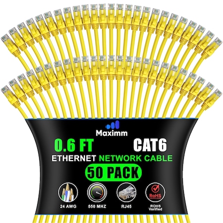 Maximm Cat6 Ethernet Cable 0.6ft 10Gbps 550MHz UTP, 50PK, Yellow, 50PK CAT6CCA-0.6YL-50PK