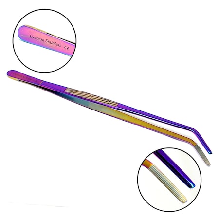 A2Z Scilab Culinary Tweezers, Blunt Serrated Jaws, 12 Inch Multicolor Curved, Stainless Steel Tongs A2Z-ZR1039