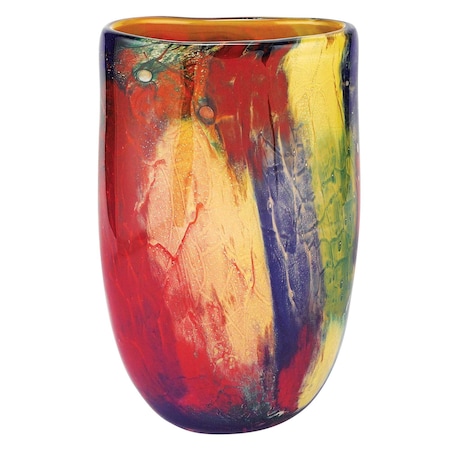 Homeroots 11" Red Purple And Yellow Abstract Oval Murano Glass Table Vase 375772