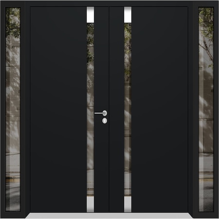 Vdomdoors Aluminum Double Doors Cynex 6777 Black 2 Sidelights Mirrored Clear Glass Modern Painted 100x96 (W14 CYNEX6777DEXD-BLK-W14+72+14xH96-RH-O