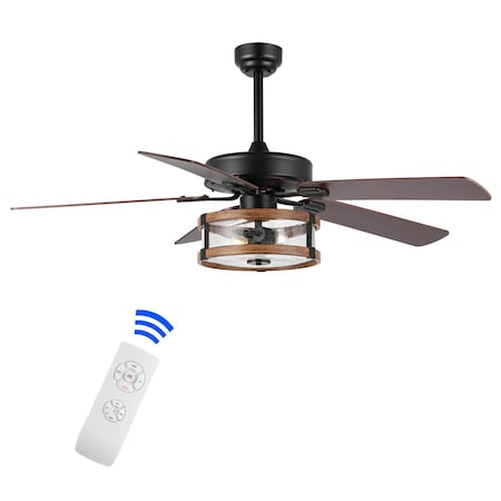 Jonathan Y Joanna 52" 2-Light Rustic Industrial Iron/Wood/Seeded Glass Mobile-App/Remote-Controlled LED Ceiling JYL9611A