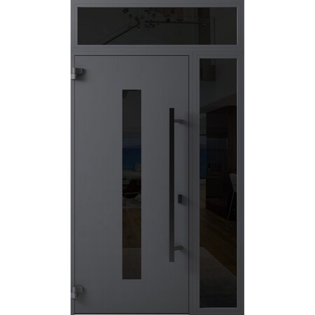 Vdomdoors Front Exterior Prehung Steel Door Ronex0130 Grey Sidelight and Transom Window Sidelite Entry Metal RONEX0130EXD-GRE-W36+12 x H80+16-RH-I