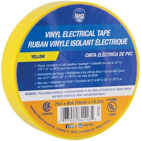 Intertape Electrical Tape, 60 ft L, 3/4 in W, PVC Backing, Yellow 85830