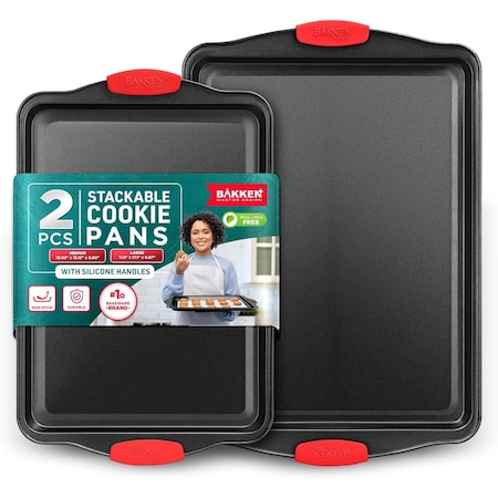 Bakken- Swiss BAKKEN 2-Piece Nonstick Cookie Sheet Set, Medium and Large, Red Silicone Handles, Oven Safe BKB22MSPS22