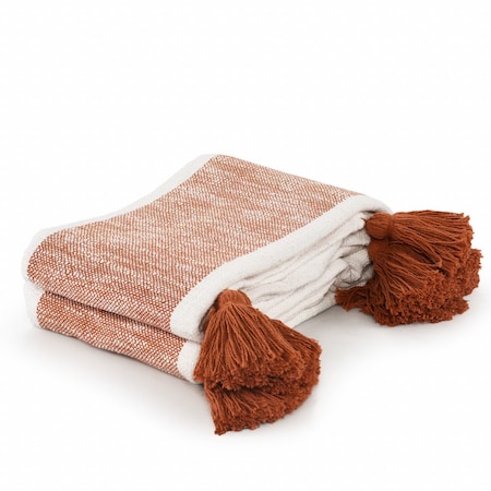 Homeroots 50" X 60" Orange Woven Cotton Striped Throw Blanket with Tassels 516506
