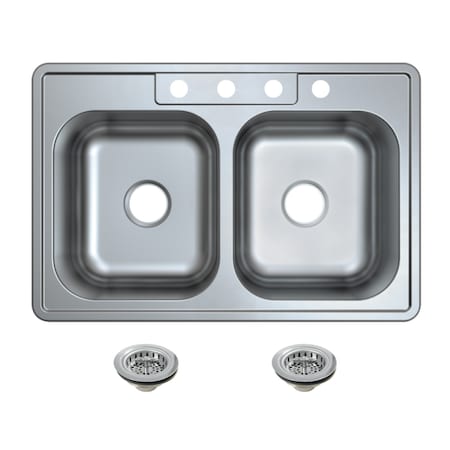 Kingston Brass 33-Inch Stainless Steel Self-Rimming Double Bowl Drop-In Kitchen Sink, 4-Hole with Strainer KGKTD332281