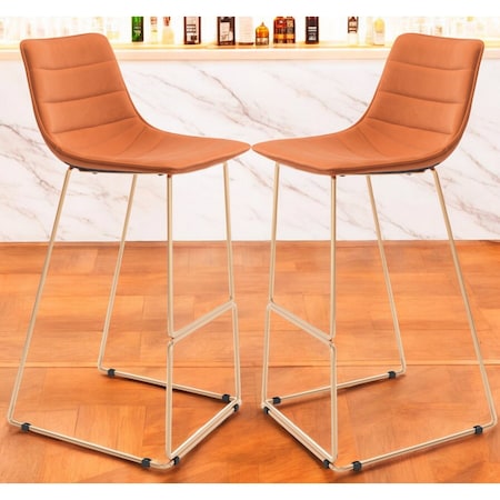 Homeroots Set of Two 30" Orange And Gold Velvet And Steel Bar Height Bar Chairs 555758