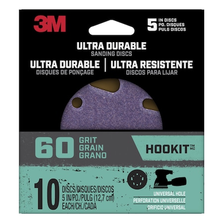 3M Ultra Durable 5 inch Power Sanding Discs, Universal Hole, 60 grit, 12PK DISC5IN10PK60