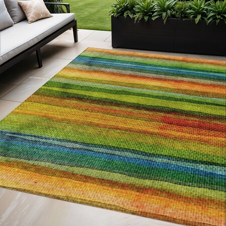 Homeroots 5' X 8' Green Teal Blue And Copper Striped Washable Indoor Outdoor Area Rug 631210