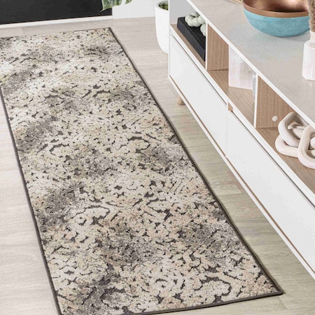 Jonathan Y Duenas High-Low Shabby Damask Cream/Beige/Dark Gray 2 ft. x 8 ft. Indoor/Outdoor Runner Rug SBH110A-28
