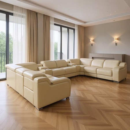 Homeroots Beige Italian Leather Power Reclining U Shaped Ten Piece Corner Sectional With Console 632582