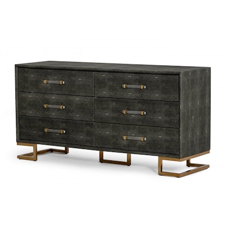 Homeroots 63" Grey Shagreen Faux Leather And Gold Six Drawer Double Dresser 490820