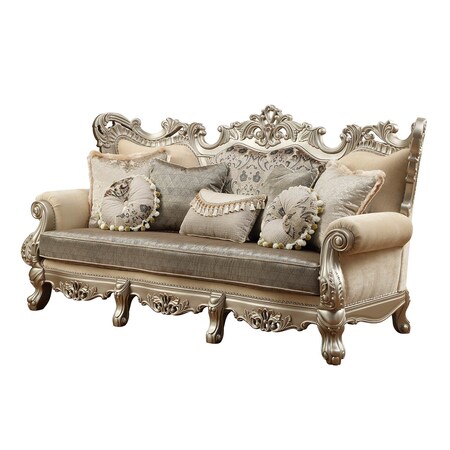 Homeroots 41" Champagne Cotton Blend Curved Floral Sofa And Toss Pillows 348222