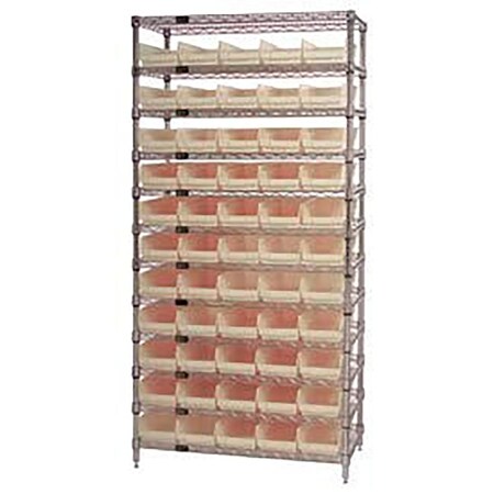 Global Industrial Chrome Wire Shelving with 55 4"H Plastic Shelf Bins Stone, 36x18x74 268973BG