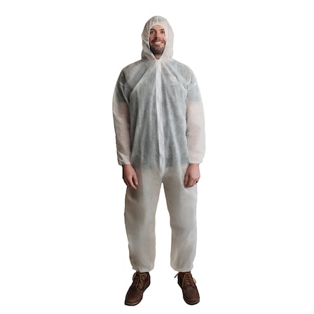 Vguard Disposable Coveralls, Hooded, Polypropylene, Elastic Wrist, Elastic Ankle, Serged Seam, White BC13A17