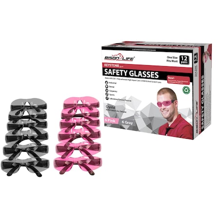 Bison Life Keystone, Safety Glasses, Anti-Scratch, Pink & Gray Lens, Frameless, 12 PK BL-KSSG1-CLBT-PGY-12