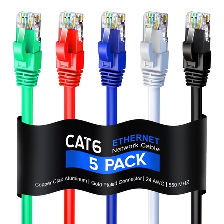 Maximm 1.5ft Cat6 Round LAN Patch Cable, 5PK, Multicolor, 5PK CAT61.5FT5PKMULTI