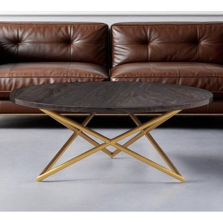 Homeroots 43" Brown And Gold Genuine Marble And Metal Round Coffee Table 520587