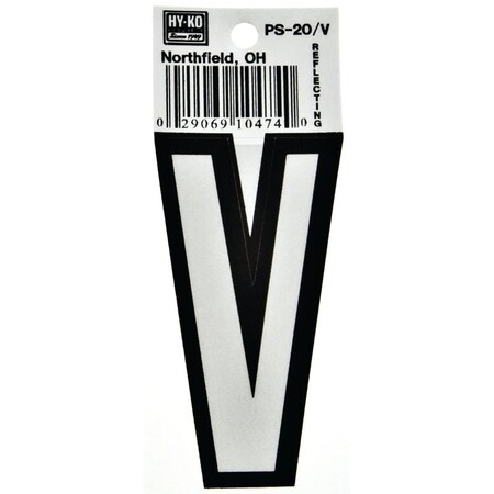 Hy-Ko Reflective Letter, Character: V, 3-1/4 in H Character, Black/White Character, Vinyl PS-20/V