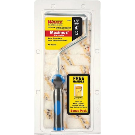 Whizz Maximus 4'' x 1/2'' Semi-Smooth To Semi-Rough Paint Roller Cover & Frame, 10PK 25001F