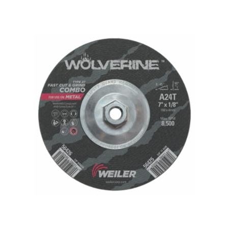 Weiler Wolverine Combo Wheels, 7 in Dia, 1/8 in Thick, 5/8 in Arbor, 24 Grit, T 804-56425