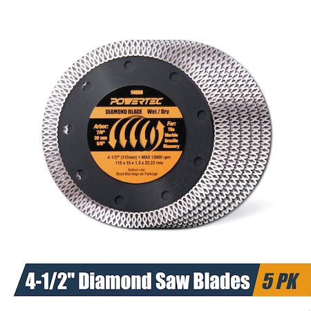 Powertec 4-1/2 Inch Diamond Saw Blades for Angle Grinder, Super Thin Turbo Mesh Rim Tile Blades, 5PK 14000-P5