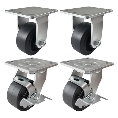 Hyw Products Heavy Duty Caster Set 4in Rubber on Cast Iron Wheels, 2 Rigid & 2 Swivel with Brake, 4PK 40-40R-A1-RC-2,40-40S-A1-RC-TB-2