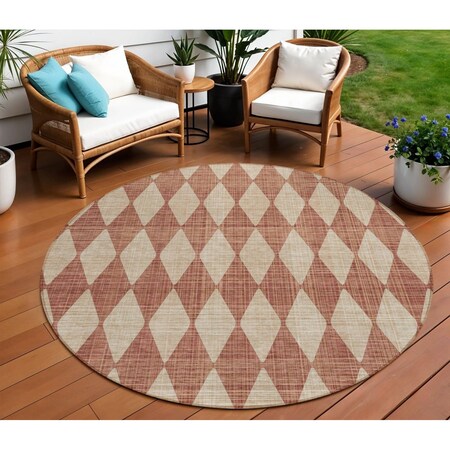 Homeroots 8' Orange And Copper Round Geometric Washable Indoor Outdoor Area Rug 577081