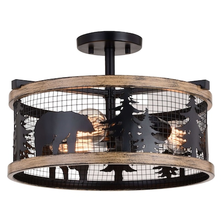 Vaxcel Kodiak 16-in W Black and Teak Rustic Semi Flush Mount Ceiling Light Bear and Tree Motif C0263