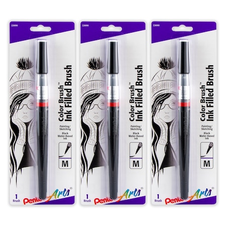 Pentel Color Brush with Water-Based Ink, Medium Tip, Black, 3PK GFLBP101