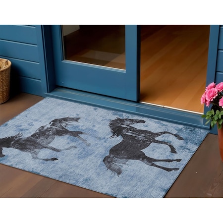 Homeroots 5' X 8' Denim Blue And Charcoal Horse Washable Indoor Outdoor Area Rug 618644
