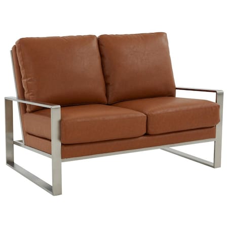 Leisuremod Jefferson Contemporary Faux Leather Loveseat with Silver Frame, Cognac Tan JAS53BR-L