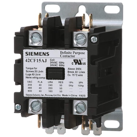 Siemens Definite Purpose Contactor, 40A, 2-Pole, Open Type, 120V Coil 42CF15AF