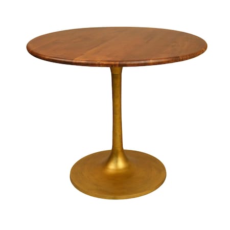 Homeroots 36" Brown And Gold Rounded Solid Wood And Iron Pedestal Base Dining Table 517767