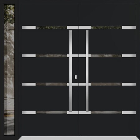 Vdomdoors Metal Double Doors Deux 1105 Black Enamel Mirrored Clear Glass 1 Sidelight Entry Modern Painted 84x DEUX1105DEXD-BLK-W72+12xH80-RH-O