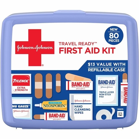 Johnson & Johnson Travel Ready First Aid Kit - 80 x Piece(s) - 5.5in Height x 6.3in Width x 1.7in Depth - Plastic 202068