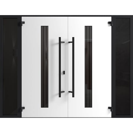 Vdomdoors Front Exterior Prehung Aluminum Double Doors Ronex1055 Teak 2 Sidelights Mirrored Clear Glass Entry RONEX1055DEXD-OAK-W14+72+14xH80-LH-I