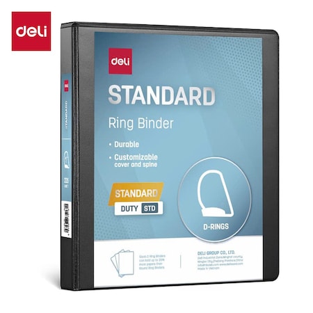 Deli Std Duty View Binder 1in, Letter, D-Ring, PVC-Free, Black, 12PK CF567-BK