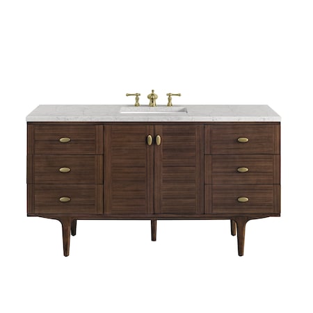 James Martin Vanities Amberly 60'' S Vanity, Mid-Century Walnut w/ Jasmine Pearl Top w/FreePower Wireless Charger 670-V60S-WLT-FEJP