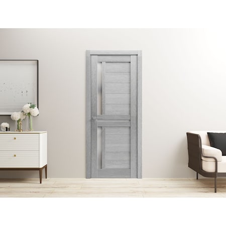 Sartodoors Solid French Door 24 x 80in, Light Grey Oak W/ Frosted Glass, Single Regular Panel Frame Trims Handle VEREGIO7288ID-OAK-24
