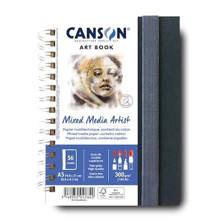 Canson Artist Series Mixed Media Art Book, Fabric Cover, Side Wire Binding, 56 Sheet, 5.8x8.3 inch C31200L005