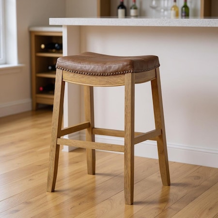 Homeroots 31" Brown and Natural Faux Leather and Solid Wood Backless Bar Height Bar Chair 632487