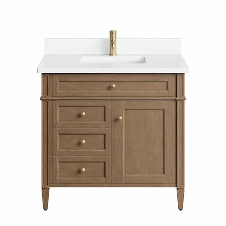 James Martin Vanities Brittany 36" Sgl Vanity, Pecan w/ Sgl Hole 3 CM White Zeus Silestone Top and Matching Backsplash 655-V36-PCN-1WZ