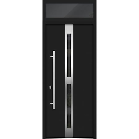 Vdomdoors Steel Door Deux 1755 Black Enamel Transom Window Stainless Inserts Single Modern Painted-W36xH80+16 DEUX1755EXD-BLK-W36 x H80+16-Right-hand Inswing