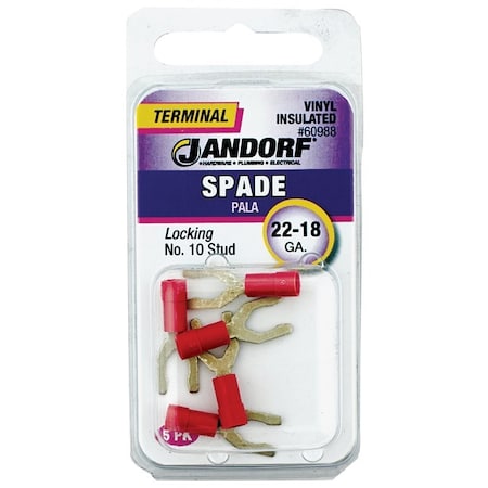 Jandorf Locking Spade Terminal, 600 V, 22 to 18 AWG Wire, #10 Stud, Vinyl Insulation 60988