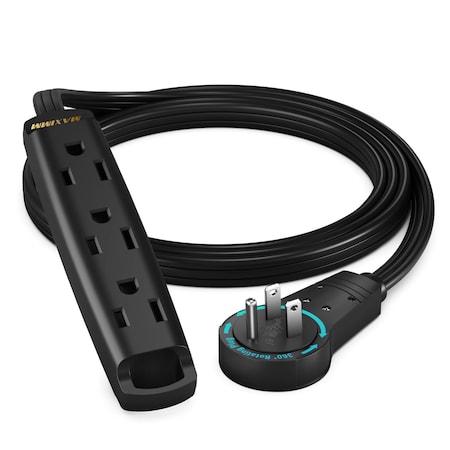 Maximm 3ft 16AWG 3-Outlet 360 degrees Flat Plug Extension Cord w/ Loop, UL, Black ADW-360-C3F03-16B0